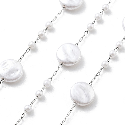 Цепочки из нержавеющей стали ручной работы 304, с ABS имитации жемчуга, пайки, плоско-круглые, с катушкой