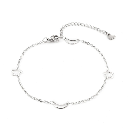 304 Stainless Steel Cable Chain Anklets, with  Moon & Star Link and Lobster Claw Clasps