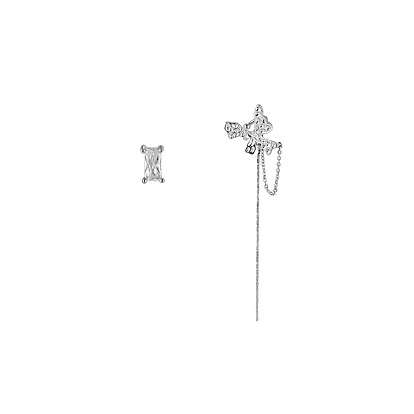 Asymmetric Butterfly Chain Tassel Ear Cuff with Diamond Stud Earrings - Metallic Texture