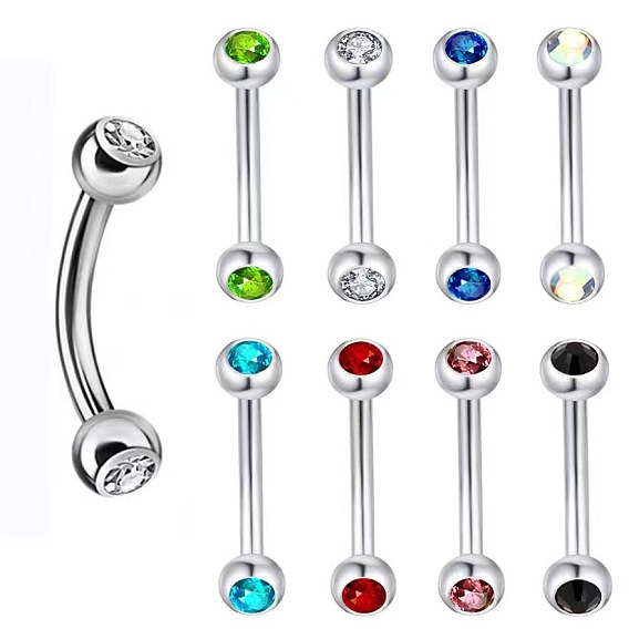 Круглые 304 изогнутые кольца-штанги для бровей из нержавеющей стали со стразами, хрящевые серьги, цвет нержавеющей стали