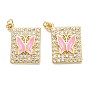 Brass Micro Pave Clear Cubic Zirconia Pendants, with Enamel, Real 18K Gold Plated, Long-Lasting Plated, Rectangle with Butterfly