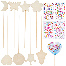 Nbeads 16Pcs 8 Styles Unfinished Wooden Magic Fairy Wand, with 2 Sheets Resin Stickers, Star & Heart & Christmas Tree & Flower & Moon & Crown & Butterfly, for Kids DIY Craft Supplies