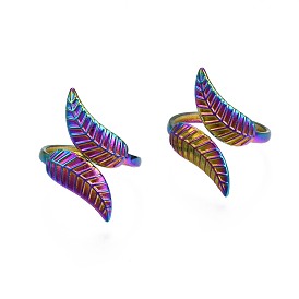 304 Stainless Steel Leaf Cuff Ring, Rainbow Color Open Ring for Women