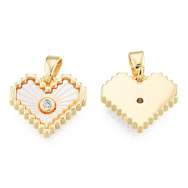 Natural Freshwater Shell Charms, with Brass Pave Clear Cubic Zirconia Findings, Real 18K Gold Plated, Nickel Free, Heart