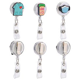 ARRICRAFT 6Pcs 3 Style Plastic Retractable Badge Reel, Card Holders, with Alligator Clips, Flat Round with Pill & Clothes & Mask Pattern