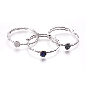 Natural Agate Stretch Bangles, with Cubic Zirconia and Brass Findings, Oval
