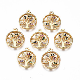 Brass Micro Pave Cubic Zirconia Charms, Nickel Free, Ring with Tree