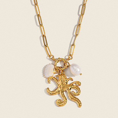 Океанская тематика 304 ожерелья с подвесками в виде осьминога из нержавеющей стали и гальванизированных натуральных ракушек и искусственного жемчуга, белые