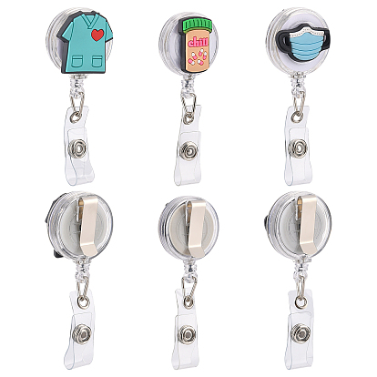6Pcs 3 Style Plastic Retractable Badge Reel, Card Holders, with Alligator Clips, Flat Round with Pill & Clothes & Mask Pattern