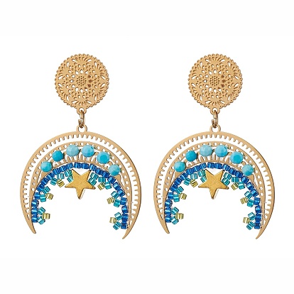 Серьги-гвоздики из стеклянного бисера в стиле бохо, с натуральным магнезитом и звездчатыми латунными бусинами, 201 серьги-луны из нержавеющей стали