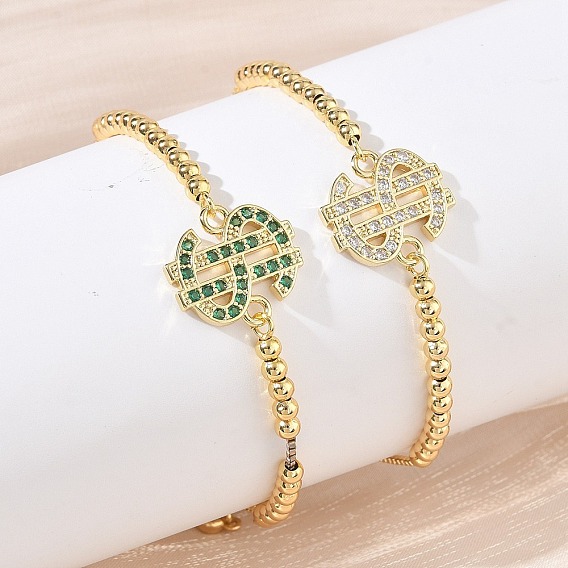 Регулируемые латунные браслеты-слайдеры с микропаве из кубического циркония и звеньями в виде знака доллара для женщин., реальный 18 k позолоченный