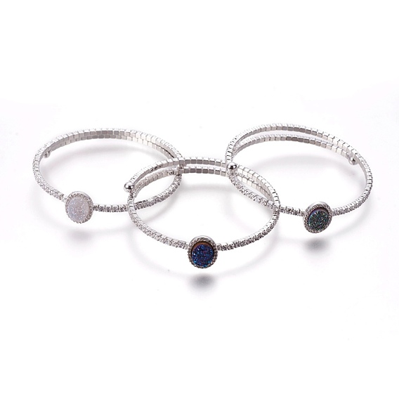 Natural Agate Stretch Bangles, with Cubic Zirconia and Brass Findings, Oval