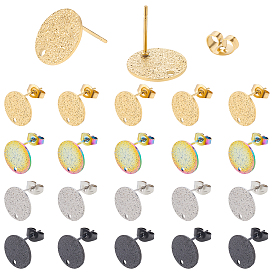 32Pcs 4 Colors 304 Stainless Steel Stud Earring Findings, with Ear Nuts/Earring Backs & Loop, Textured, Flat Round