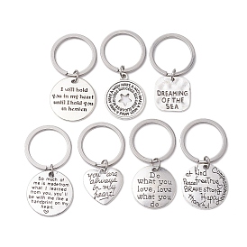 Tibetan Style Alloy Keychain, with 304 Stainless Steel Keychain Clasp, Heart/Flat Round/Square with Word