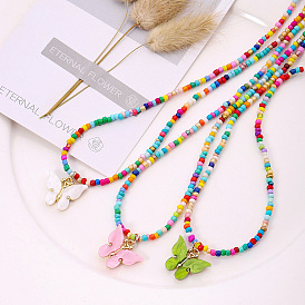 Handmade Bohemian Style Resin Butterfly Pendant Colorful Beaded Necklace