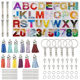 1Pcs Initial Letter A~Z & Number 0~9 Silicone Pendant Mold for KeyChain Making, with Iron Split Key Rings & Jump Rings & Screw Eye Pin Peg Bails, Tassel Pendant, Hand Drill Bits Rotary Tools Set