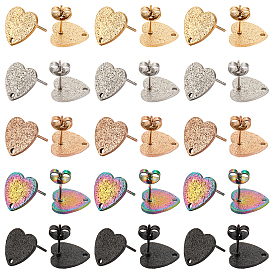Unicraftale 30Pcs 5 Colors Ion Plating(IP) 304 Stainless Steel Stud Earring Findings, with Ear Nuts/Earring Backs and Hole, Heart Shape with Textured