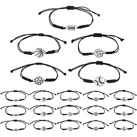 20шт. 5 стили браслеты из сплава со звеньями в спортивной тематике, плетеные браслеты из полиэфирного шнура для мужчин и женщин, античное серебро