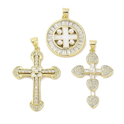 Rack Plating Brass Micro Pave Clear Cubic Zirconia Enamel Pearl
 Pendants, Lead Free & Cadmium Free, Long-Lasting Plated