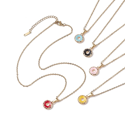 304 Stainless Steel Cable Chains Necklaces, Alloy Enamel Donut Pendant Necklaces