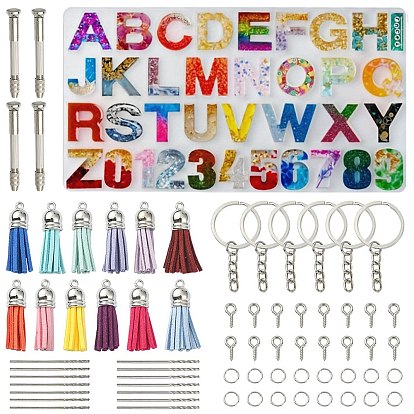 1 pcs lettre initiale a ~ z et numéro 0~9 moule à pendentif en silicone pour la fabrication de porte-clés, avec porte-clés en fer fendu, anneaux de saut et bélières à vis, pendentif pompon, ensemble d'outils rotatifs de forets à main