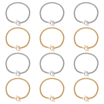 12Pcs 2 Colors 304 Stainless Steel Diamond Cut Chunky Curb Chains, Cuban Link Chains Bracelets, with Toggle Clasps