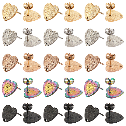 30Pcs 5 Colors Ion Plating(IP) 304 Stainless Steel Stud Earring Findings, with Ear Nuts/Earring Backs and Hole, Heart Shape with Textured
