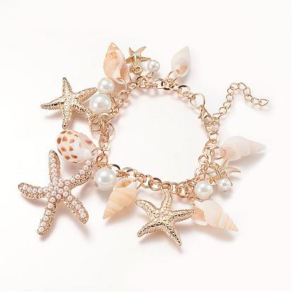 Trendy Shell Charme Armbänder, ccb Kunststofflegierung Strass Seestern / Seesterne und Glasperlenanhänger, mit Eisenketten und Messing Karabinerverschlüsse, 230 mm