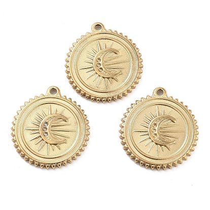 304 Stainless Steel Pendant Rhinestones Setting, Flat Round with Moon Charm
