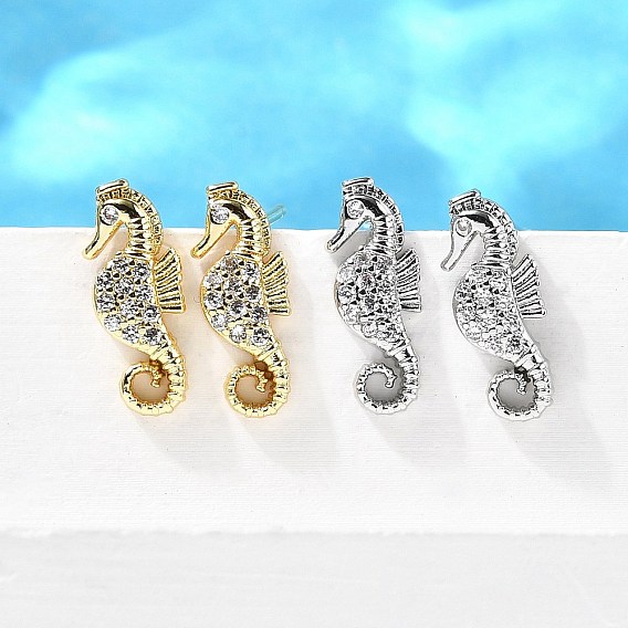 Серьги-гвоздики из латуни с микропаве из кубического циркония в форме морского конька, долговечный, без свинца и без кадмия, стойки покрытие