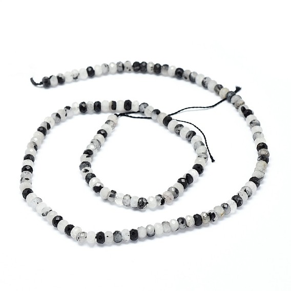 Natural Tourmalinated Quartz/Black Rutilated Quartz Beads Strands, Faceted, Rondelle