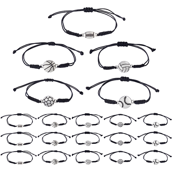 20шт. 5 стили браслеты из сплава со звеньями в спортивной тематике, плетеные браслеты из полиэфирного шнура для мужчин и женщин, античное серебро