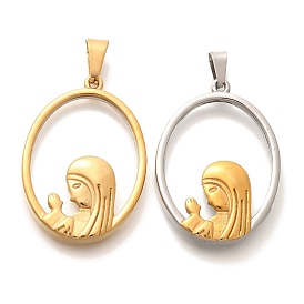 Glass Pendants, with Ion Plating(IP) 304 Stainless Steel Findings, Oval with Virgin Mary