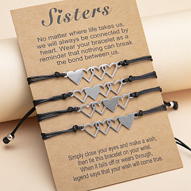 Stainless Steel Heart-Shaped Braided Card Adjustable Bracelet Set for Sisters (4-Pack)