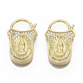 Brass Micro Pave Clear Cubic Zirconia Pendants, Nickel Free, Padlock with Virgin Mary