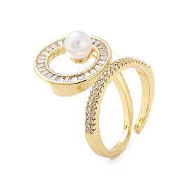 Rack Plating Brass Micro Pave Cubic Zirconia Open Cuff Rings, with Plastic Imitation Pearl, Cadmium Free & Lead Free, Long-Lasting Plated, Flat Round