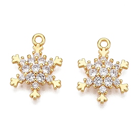 Christmas Theme Brass Micro Pave Clear Cubic Zirconia Pendants, Snowflake