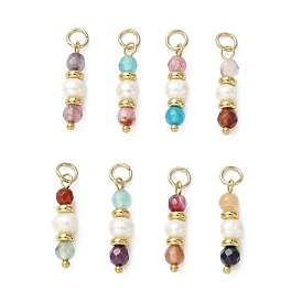 Подвески из натурального агата (окрашенного и нагретого), Граненые круглые подвески из бусин с петлями из натурального жемчуга и латунных шариков., золотые