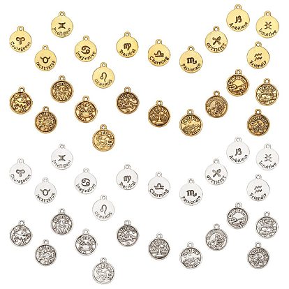 Alloy Pendants, Flat Round with 12 Constellations Pattern, Cadmium Free & Lead Free
