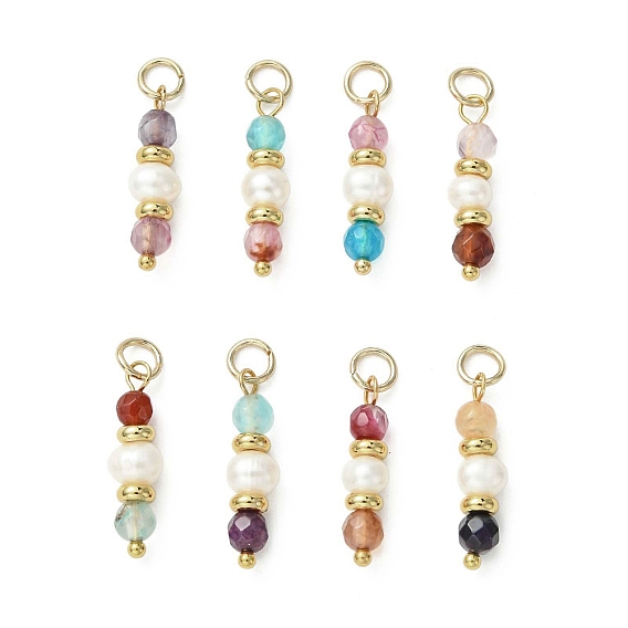 Подвески из натурального агата (окрашенного и нагретого), Граненые круглые подвески из бусин с петлями из натурального жемчуга и латунных шариков., золотые