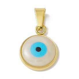 304 Stainless Steel Resin Pendants, Cyan, Flat Round with Evil Eye Charm