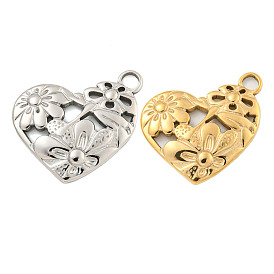 304 Stainless Steel Pendants, Heart with Flower & Dragonfly Charms