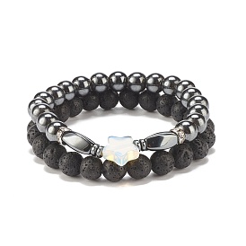 2Pcs 2 Style Natural Lava Rock & Synthetic Hematite Stretch Bracelets Set with Opalite Star, Essential Oil Gemstone Jewelry for Women