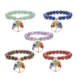 5Pcs 5 Style Natural Mixed Gemstone Stretch Bracelets Set, Yoga Chakra Gemstone Chips Tree of Life Charms Bracelets for Women