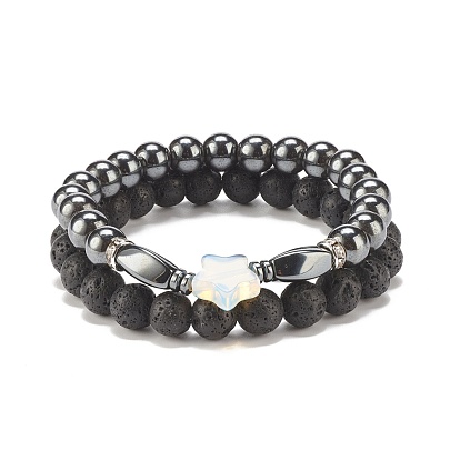 2Pcs 2 Style Natural Lava Rock & Synthetic Hematite Stretch Bracelets Set with Opalite Star, Essential Oil Gemstone Jewelry for Women