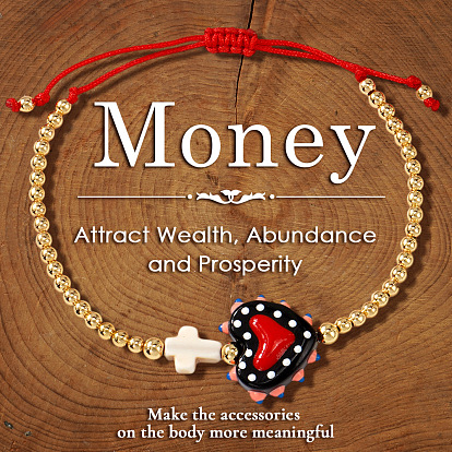 Браслеты ручной работы в форме сердца из стекла и креста, плетеные из синтетических бирюзовых бусин., регулируемые браслеты из латунного шнура с бусинами