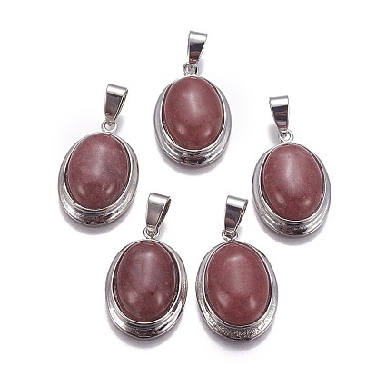 Natural Strawberry Quartz Pendants, Oval Charms with Brass Settings, Platinum