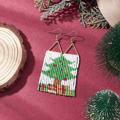 Серьги-подвески из стеклянных бусин ручной работы, прямоугольник с рисунком елки, золотые, слева и справа