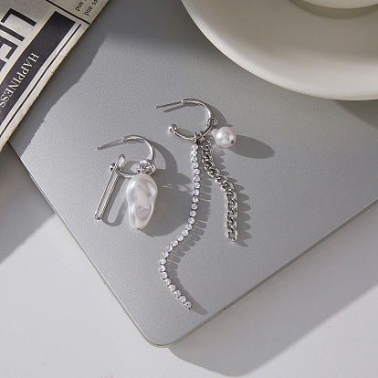 304 из нержавеющей стали болтаться серьги, со стразами и пластиковой имитацией жемчуга, самородки с цепочкой-кисточкой, слева и справа