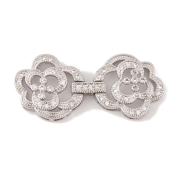 Rack Plating Brass Micro Pave Clear Cubic Zirconia Fold Over Clasps, Long-Lasting Plated, Lead Free & Cadmium Free, Flower